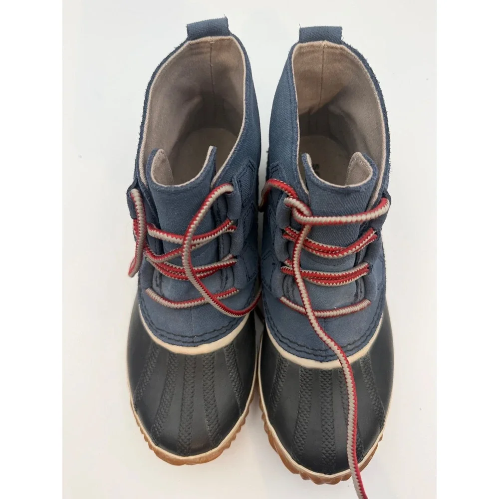 Sorel Out N About Rain Boots Womens 7 Blue Canvas Black Duck Boots NL2339-478